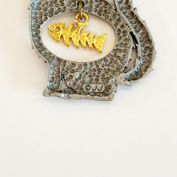 Vintage JJ Jonette Cat Keychain w Gold Fish Charm Silver & Gold Tone - Picture 2 of 6